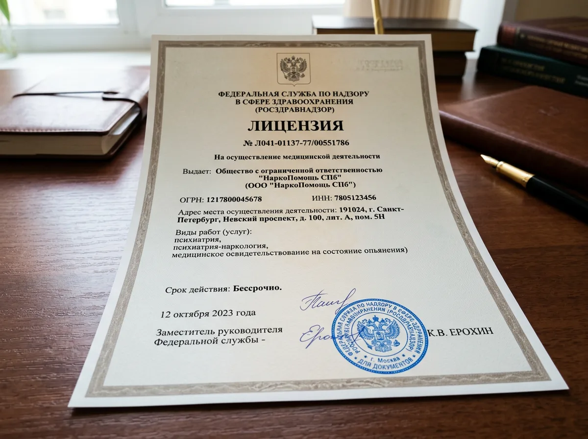 Медицинская лицензия ООО НаркоПомощь СПб, выданная Росздравнадзором, документ с печатью и подписью, формат А4